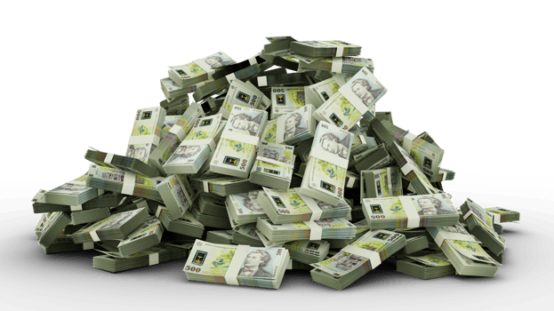 Big pile of Romanian leu notes a lot of money over transparent background. 3d rendering of bundles of cash png