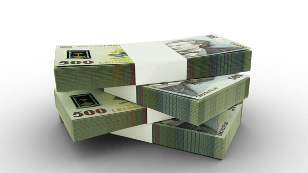 3d rendering of Stack of Romanian leu notes. Few bundles of Romanian currency notes isolated on transparent background png