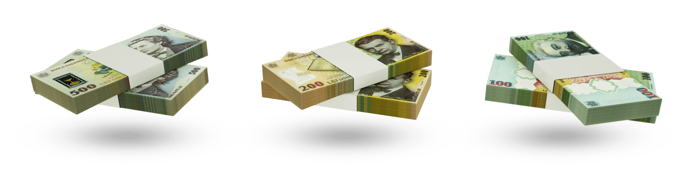 Set of stacks of Romanian leu notes in different denominations. 3d rendering png