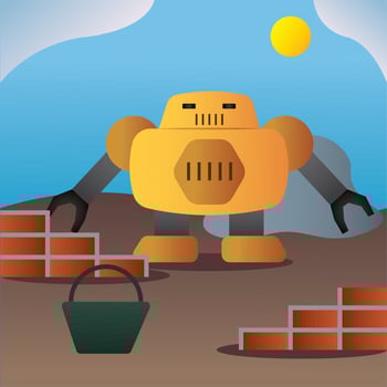 Yellow giant robot building a wall with bricks Vector illustration