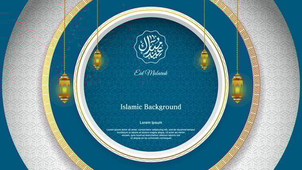 Islamic background design with circular concept for eid mubarak and ramadan kareem. islamic vector design in white, gold and blue color.