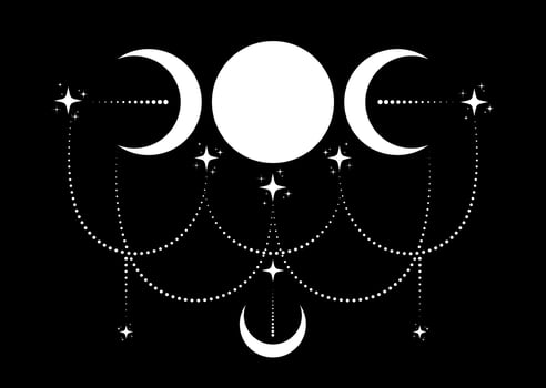 Triple Moon Religious wiccan sign. Wicca logo Neopaganism symbol, celtic boho style, Goddess icon tattoo, Goddess of the Moon, Crescent, half, full moon vector isolated on black background