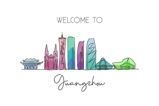 Depok, Indonesia - September 17, 2019- Single continuous line drawing of Guangzhou skyline, China. Famous city landscape. World travel concept. Editable stroke one line draw design vector illustration