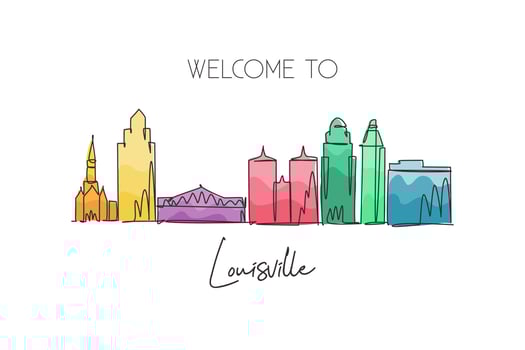 Single continuous line drawing Louisville city skyline, Kentucky. Famous city scraper and landscape. World travel concept home wall decor poster print. Modern one line draw design vector illustration