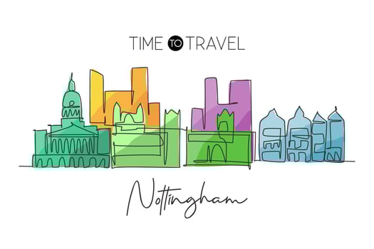 One continuous line drawing of Nottingham city skyline. Beautiful city skyscraper. World landscape tourism travel vacation home wall decor poster concept. Single line draw design vector illustration
