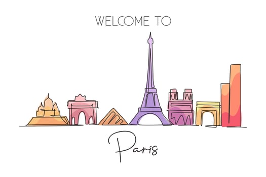 Single continuous line drawing of Paris city skyline, France. Famous skyscraper landscape in world. World travel wall decor poster print art concept. Modern one line draw design vector illustration