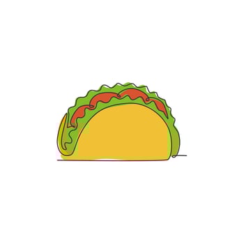 One single line drawing of fresh Mexican taco logo graphic vector illustration. Fast food Mexico cafe menu and restaurant badge concept. Modern continuous line draw design street food logotype