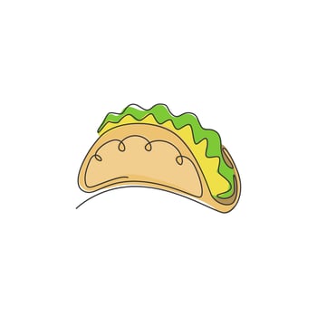 Single continuous line drawing of stylized Mexican tacos logo label. Emblem fast food nacho restaurant concept. Modern one line draw design vector illustration for cafe, shop or food delivery service