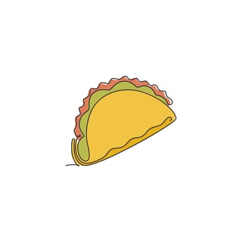 One single line drawing of fresh Mexican taco logo vector graphic illustration. Fast food cafe menu and Mexico restaurant badge concept. Modern continuous line draw design street food logotype