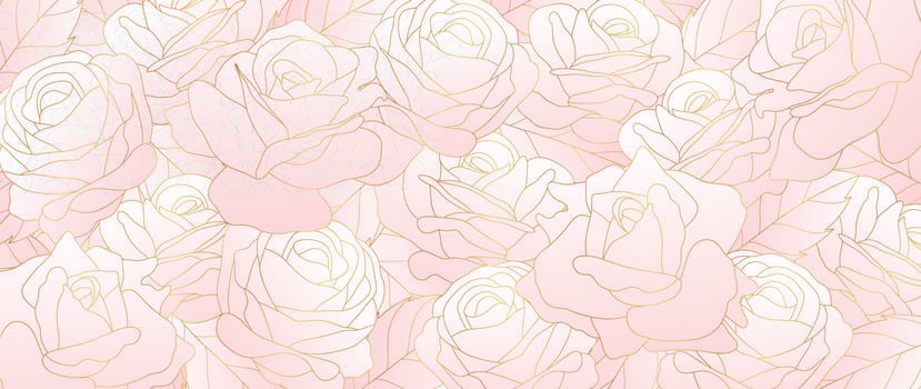 Luxury tropical flower golden line art wallpaper. Elegant botanical gradient pale pink rose flowers background. Design for decorative, wedding card, home decor, packaging, print, cover, banner. vector