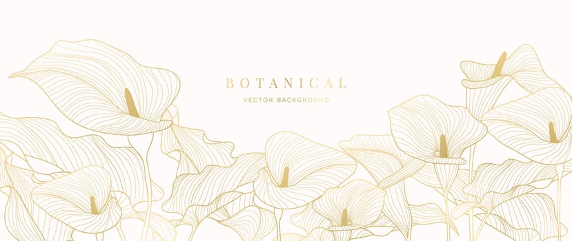 Luxury tropical flower golden line art wallpaper. Elegant botanical anthurium flowers and leaves background. Delicate design for decorative, wedding card, home decor, packaging, print, cover, banner. vector