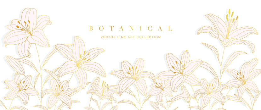 Luxury tropical flower golden line art wallpaper. Elegant botanical pale pink lily flowers background. Design illustration for decorative, wedding card, home decor, packaging, print, cover, banner. vector