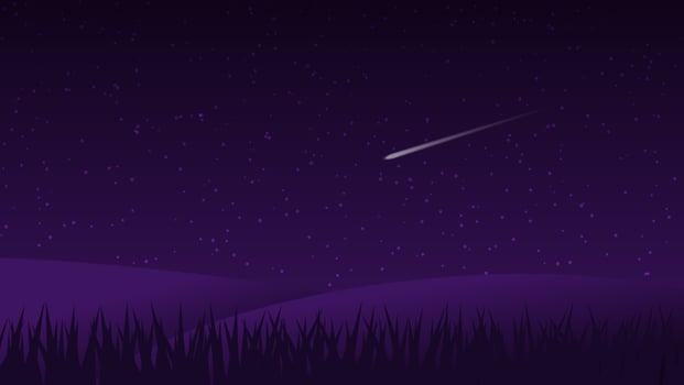 night landscape cartoon scene. dark hill with meteor in starry sky vector