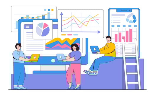 Data analytics, dashboard and business finance report concept with people character. Outline design style minimal vector illustration for landing page, web banner, infographics, hero images