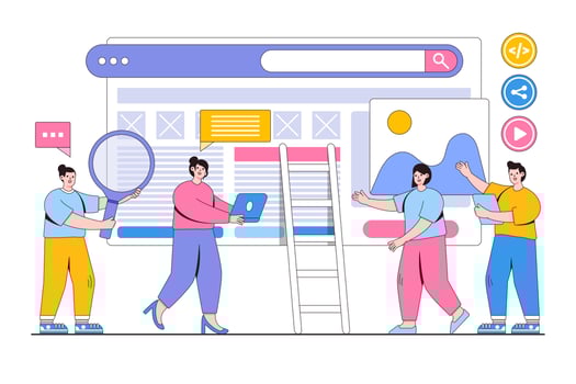 People team work together on Searching Engine Optimizing SEO browsing concept with people character. Outline design style minimal vector illustration for landing page, web banner, hero images