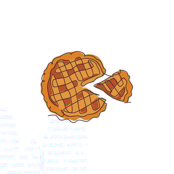 One continuous line drawing of fresh delicious American apple pie for restaurant menu logo emblem. Pastry food cafe shop logotype template concept. Modern single line draw design vector illustration