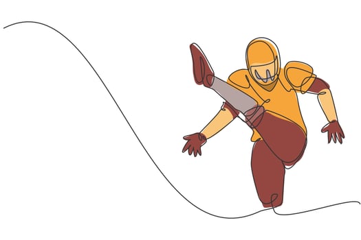 Single continuous line drawing of young agile man american football player kicking the ball with his foot for competition media. Sport exercise concept. Trendy one line draw design vector illustration