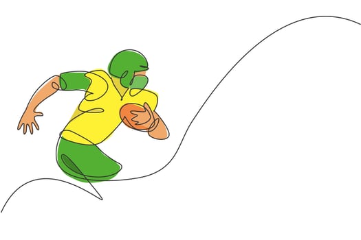 One continuous line drawing of young happy man american football player run speed and hold the ball for competition poster. Sport teamwork concept. Dynamic single line draw design vector illustration