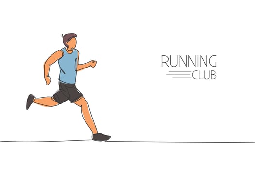 One continuous line drawing of young man athlete runner run relax. Individual sport, competitive concept. Dynamic single line draw design vector illustration graphic for running competition poster