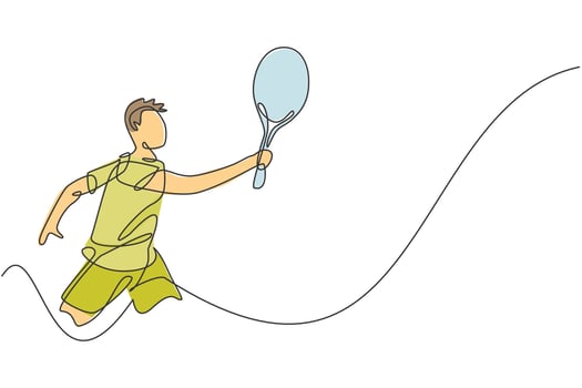 Single continuous line drawing young agile tennis player hold opponent's ball hit. Sport exercise concept. Trendy one line draw graphic design vector illustration for tennis tournament promotion media