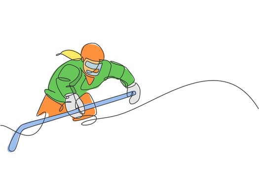 Single continuous line drawing of young professional ice hockey player hit the puck and attack on ice rink arena. Extreme winter sport concept. Trendy one line draw design graphic vector illustration