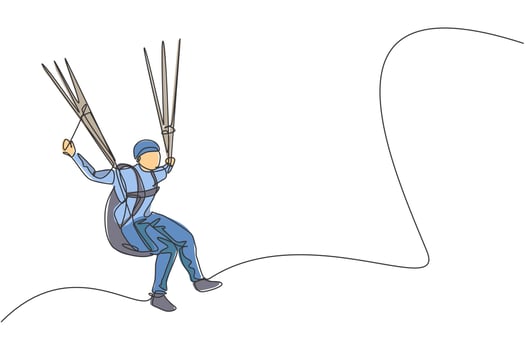 One single line drawing of young sporty man flying with paragliding parachute on the sky vector illustration graphic. Extreme sport concept. Modern continuous line draw design