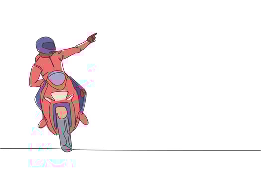 Single continuous line drawing of young superbike racer pointing finger to the spectators. Moto tournament concept. Trendy one line draw design vector illustration for motorbike race promotion media