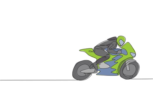 One single line drawing of young moto racer practice to improve speed bike at circuit vector illustration. Superbike racing concept. Modern continuous line draw design for motor racer event banner