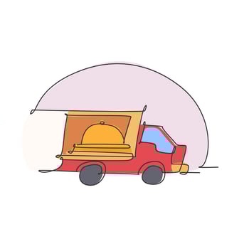 Single continuous line drawing of stylized truck box car with tray cover cloche for food delivery service logo label. Restaurant food delivery concept. Modern one line draw design vector illustration