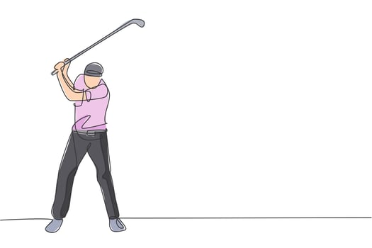 Single continuous line drawing of young happy golf player swing the golf club to hit the ball. Hobby sport concept. Trendy one line draw design vector illustration for golf tournament promotion media