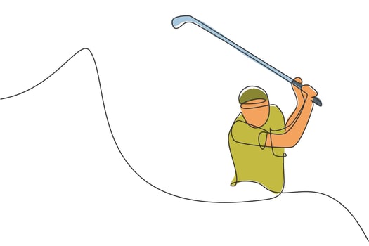 Single continuous line drawing of young happy golf player swing the golf club to hit the ball. Hobby sport concept. Trendy one line draw design vector illustration for golf tournament promotion media