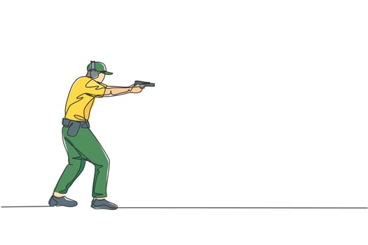 One continuous line drawing of young man on shooting training ground practice for competition with pistol handgun. Outdoor shooting sport concept. Dynamic single line draw design vector illustration