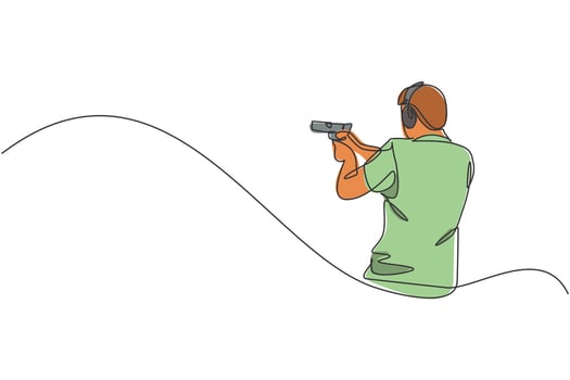 One continuous line drawing of young man on shooting training ground practice for competition with pistol handgun. Outdoor shooting sport concept. Dynamic single line draw design vector illustration