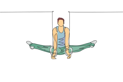 One single line drawing of young handsome gymnast man exercising steady rings graphic vector illustration. Healthy lifestyle and athletic sport concept. Modern continuous line draw design