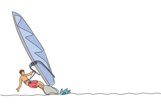 One single line drawing young sporty man play windsurfing in the sea beach vector graphic illustration. Healthy lifestyle and extreme sport concept. Summer vacation. Modern continuous line draw design