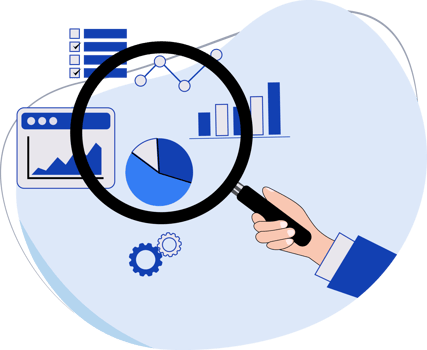 illustration of business man doing data analysis using magnifying glass. data analytics makes predictions of future business png