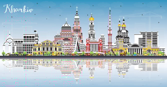 Kharkiv Ukraine City Skyline with Color Buildings, Blue Sky and Reflections. Vector Illustration. Kharkiv Cityscape with Landmarks.