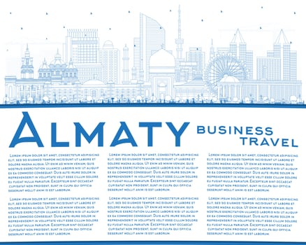 Outline Almaty Kazakhstan City Skyline with Blue Buildings and Copy Space. Vector Illustration. Almaty Cityscape with Landmarks.