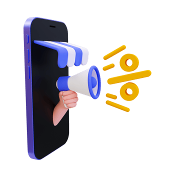 3d minimal marketing strategy. Discount promotions. Special discount offer. Customer attraction. storefront smartphone with a hand holding a megaphone with a percent icon coming out. 3d illustration. png