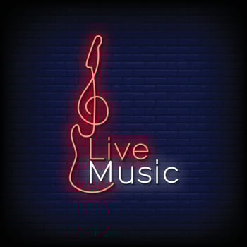 Neon Sign live music with brick wall background vector