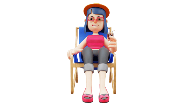 3D Illustration. Happy women 3D cartoon character. Beautiful tourist who are relaxed. Tourist sat in a blue chair while holding a glass. Beautiful woman is enjoying her vacation. 3D cartoon character png