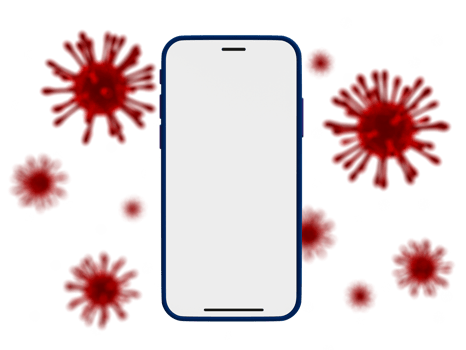 3d minimal news report about virus template. Smartphone mock-up with red viruses as a background. Blank screen smartphone with an epidemic theme. 3d rendering illustration. png