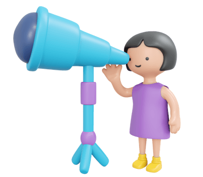 3D Rendering happy girl using telescope science study astronomy cartoon style. 3D Render illustration. png