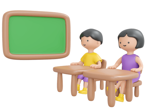 3D Rendering happy boy girl sitting on desk study in school classroom with board cartoon style. 3D Render illustration. png