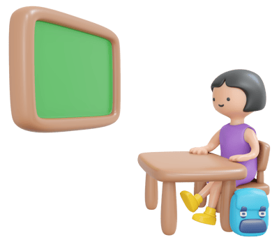 3D Rendering happy girl sitting on desk study in school classroom with board cartoon style. 3D Render illustration. png