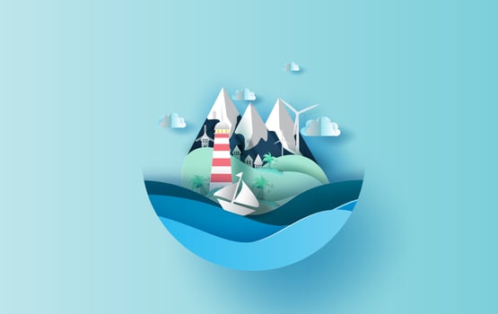Paper art of Illustration travel in holiday vacation summer season concept,Graphic design for paper cut style,summertime idea pastel color background,sea view landscape Island relaxation. Vector. vector