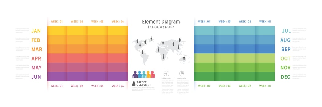 Infographic template for business. 12 Months modern Timeline element diagram calendar, 4 quarter steps milestone presentation vector infographic.