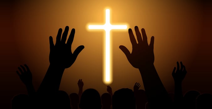 People raise their hands in front of the cross to pray. Many people worship God. vector