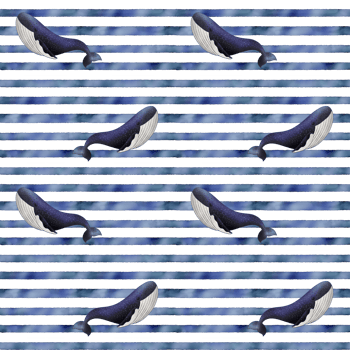 Watercolor whale with striped seamless pattern png