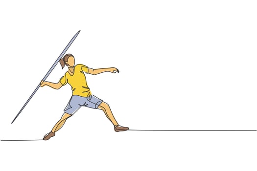 Single continuous line drawing young sportive woman practice to focus before throw javelin on the court stadium. Athletic games sport concept. Trendy one line draw design vector graphic illustration